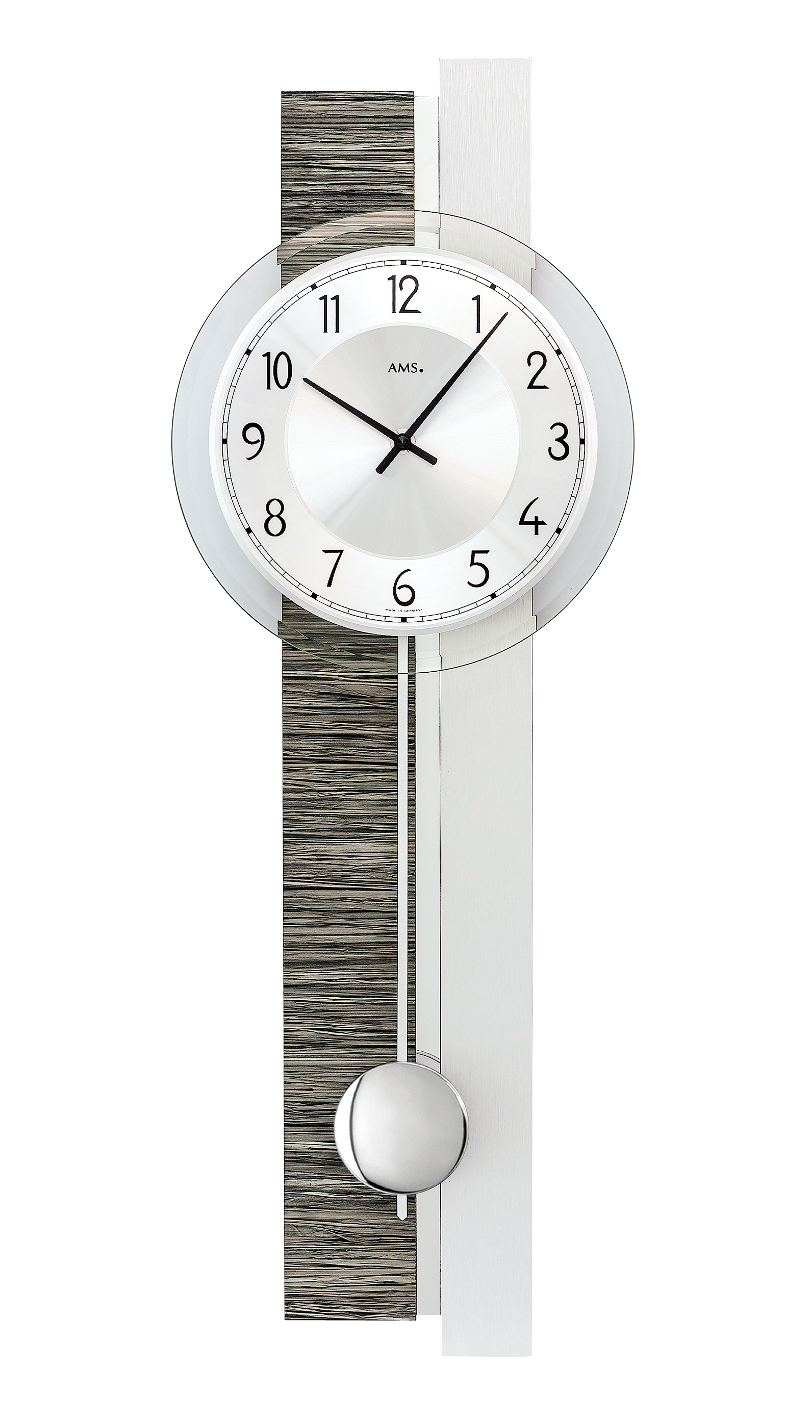 AMS Kwarts wandklok met slinger, Houtdecor/ aluminium