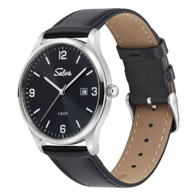 SELVA quartz wristwatch with leather strap black dial Ø 39mm