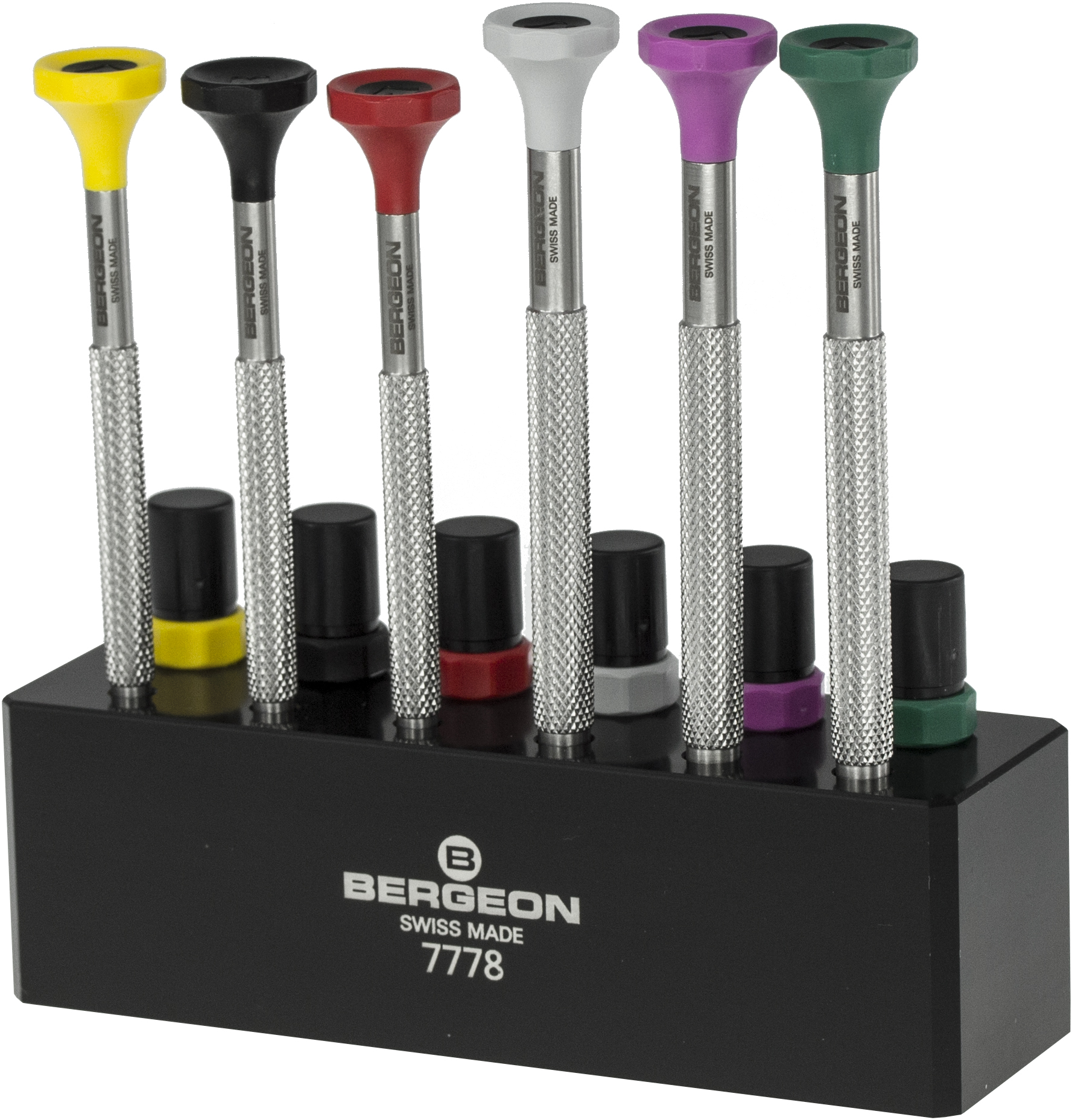 Inox screwdriver set, 6 pieces on plastic base Bergeon at Hobbyklok